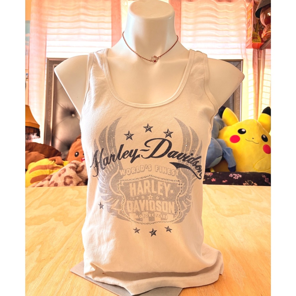 Y2K Harley Davidson Womens White Ribbed Tank Top Rhinestone Winged Logo L